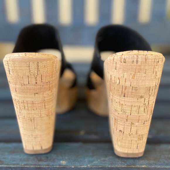 Korks Dezi Womens Platform Sandals 11M Black Leather Slip-On Cork Heel Open Toe - Picture 9 of 10